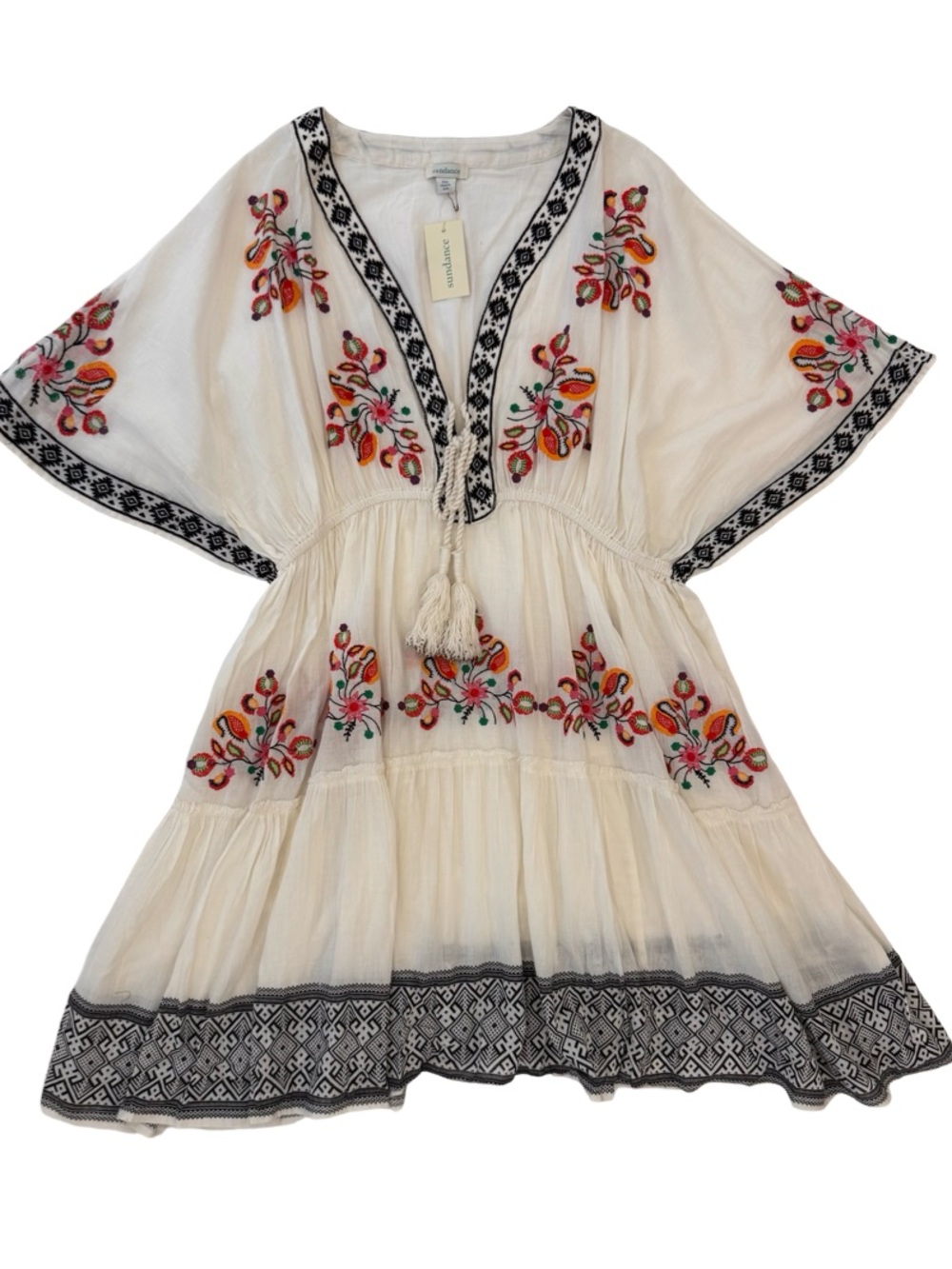 Sundance Cream Embroidered V-Neck Tassel Beach Dress Coverup - Picture 4 of 14